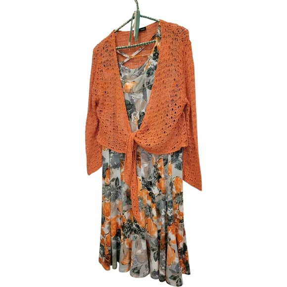 Marallis Canada Orange Floral Fashion Midi Dress With Matching Knit Cover Up  L - Picture 2 of 14